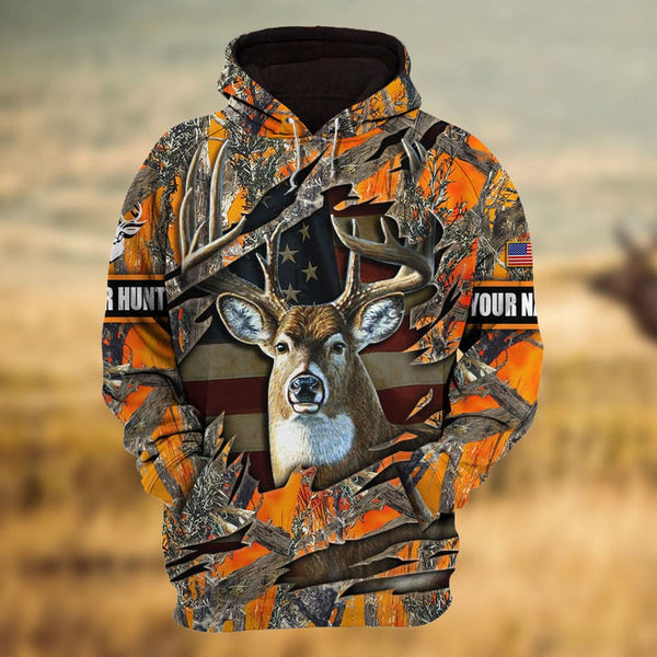 Maxcorners Custom Name US Flag Premium Loralle Cracked Deer Hunting 3D All Over Printed Clothes