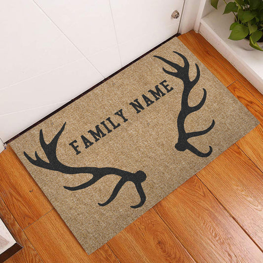Maxcorners Personalized Hunting Rubber Doormat, Deer Hunting Forest Deer Horn Brown Welcome Doormat, Custom Name Indoor Outdoor Door Mat, Home Decor