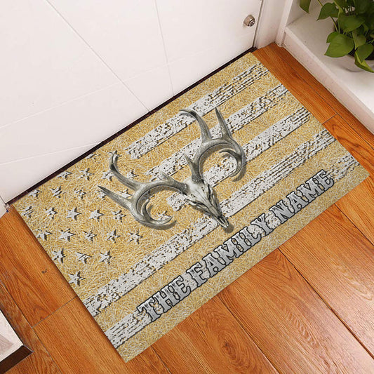 Maxcorners Personalized Hunting Rubber Doormat, Deer Hunting Deer Buck Skull US Flag Welcome Doormat, Custom Name Indoor Outdoor Door Mat, Home Decor