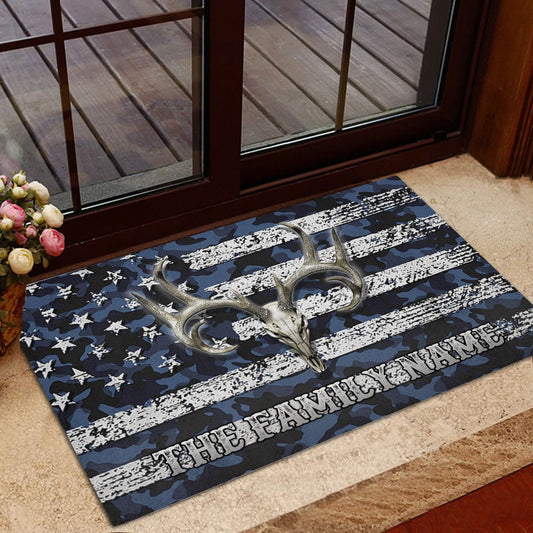 Maxcorners Personalized Hunting Rubber Doormat, Deer Hunting Skull Blue Camo Camouflage Welcome Doormat, Custom Name Indoor Outdoor Door Mat, Home Decor LM1611