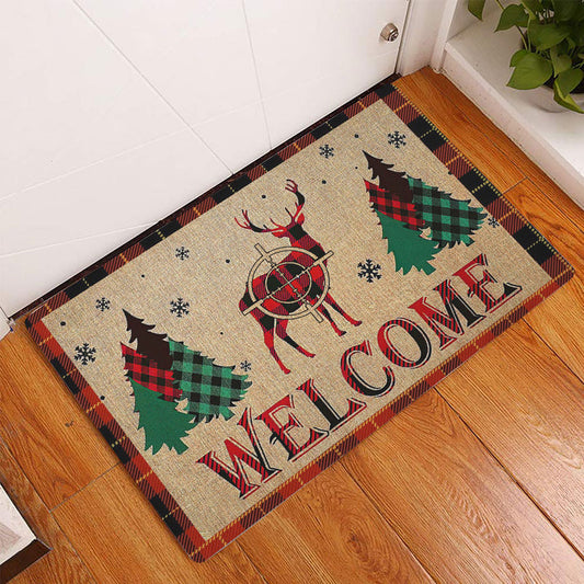 Maxcorners Hunting Rubber Doormat, deer hunting buck hunter welcome red plaid christmas xmas noel Welcome Doormat, Indoor Outdoor Door Mat, Home Decor