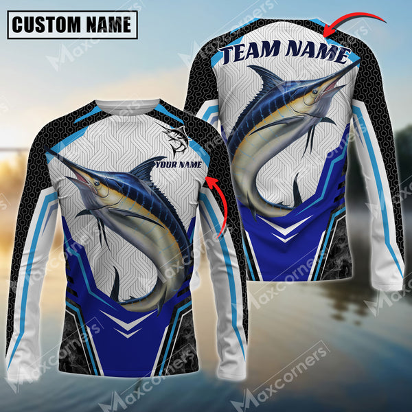 Maxcorners Marlin Fishing Smoke Hexagon Pattern Pro Sport Jersey Personalized Name, Team Name Long Sleeve Shirt