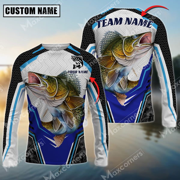 Maxcorners Walleyes Fishing Smoke Hexagon Pattern Pro Sport Jersey Personalized Name, Team Name Long Sleeve Shirt