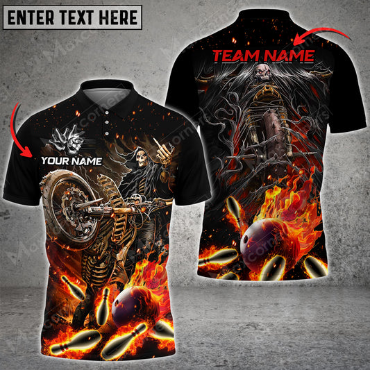 Max Corner Bowling and Pins Motor Reaper Drift Flame Pattern Multicolored Bowling jerseys Custom Name And Team 3D Polo Shirt