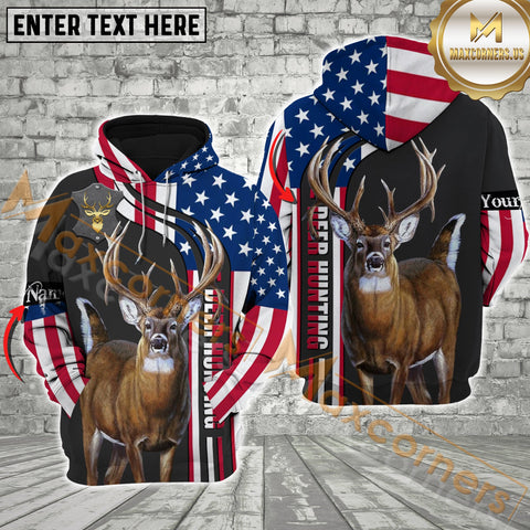 Maxcorners Deer Hunting USA Flag Grey Leather Pattern  Custom Name Shirt 3D All Over Printed Clothes