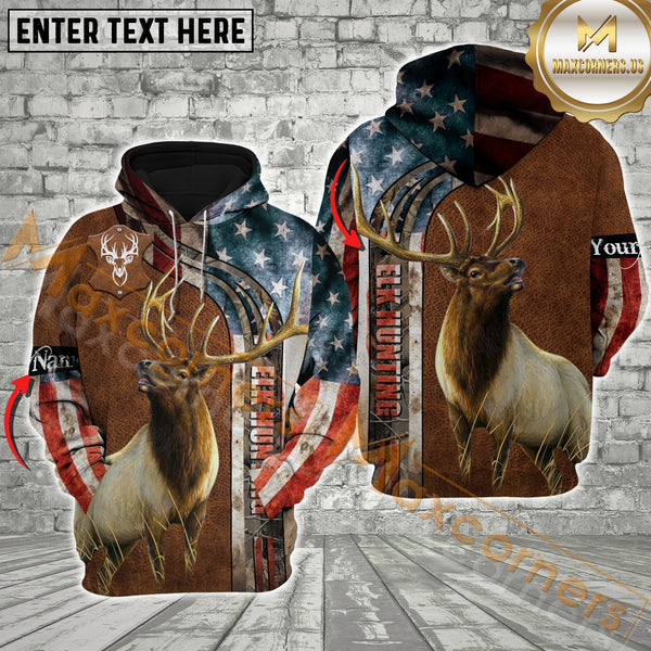 Maxcorners Elk Hunting USA Flag Brown Leather Pattern  Custom Name Shirt 3D All Over Printed Clothes