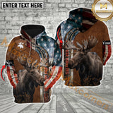 Maxcorners Moose Hunting USA Flag Brown Leather Pattern  Custom Name Shirt 3D All Over Printed Clothes