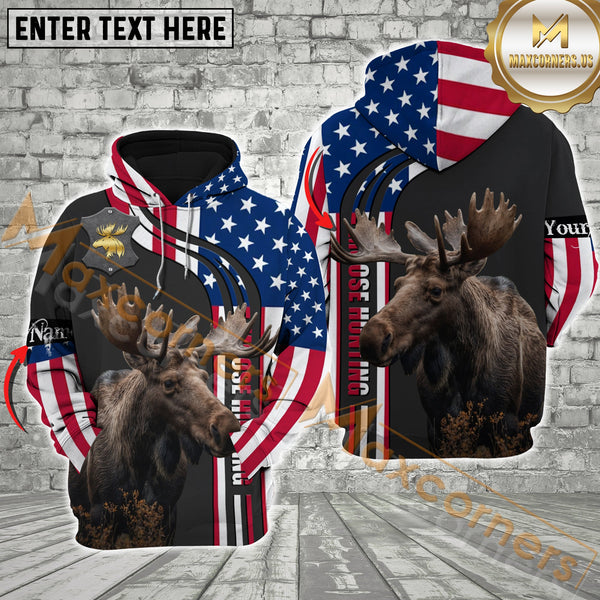 Maxcorners Moose Hunting USA Flag Grey Leather Pattern  Custom Name Shirt 3D All Over Printed Clothes