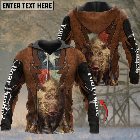 Maxcorners Custom Name Texas Flag Leather Pattern Boar Hunting Shirt 3D All Over Printed Clothes