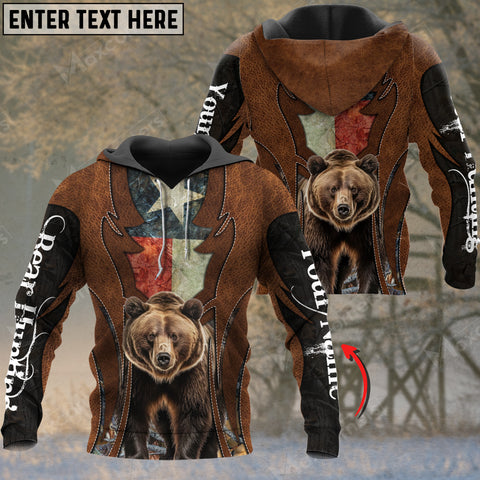 Maxcorners Custom Name Texas Flag Leather Pattern Bear Hunting Shirt 3D All Over Printed Clothes