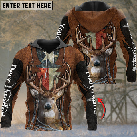 Maxcorners Custom Name Texas Flag Leather Pattern Deer Hunting Shirt 3D All Over Printed Clothes