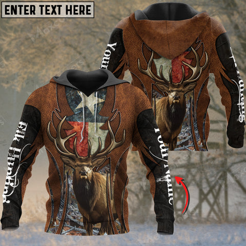 Maxcorners Custom Name Texas Flag Leather Pattern Elk Hunting Shirt 3D All Over Printed Clothes