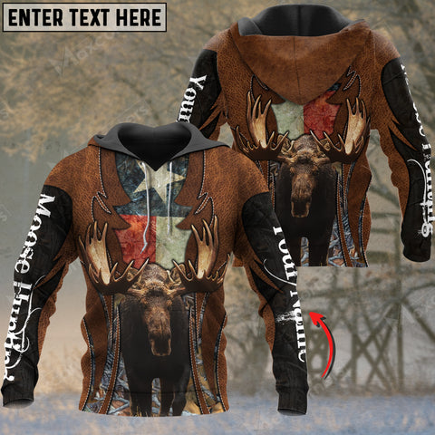 Maxcorners Custom Name Texas Flag Leather Pattern Moose Hunting Shirt 3D All Over Printed Clothes