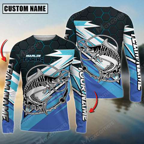 Maxcorners Marlin Fishing Hexagon Pattern Pro Sport Jersey Sun Protection Personalized Name, Team Name Long Sleeve Shirt