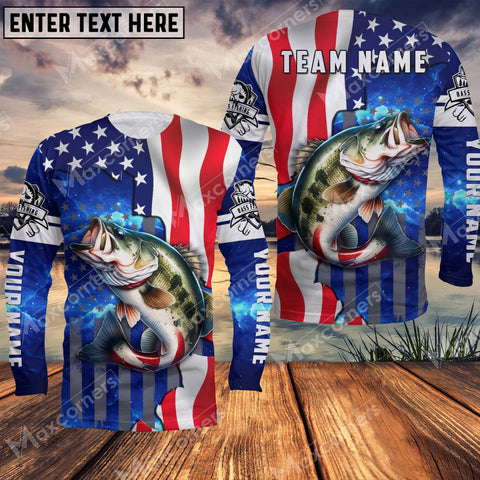 Maxcorners Large Mouth Bass Fishing American Flag Patriotic UV Protection Personalized Name And Team Name Long Sweat Shirt