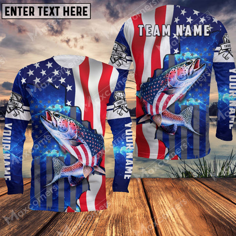 Maxcorners Trout Fish Fishing American Flag Patriotic UV Protection Personalized Name And Team Name Long Sweat Shirt