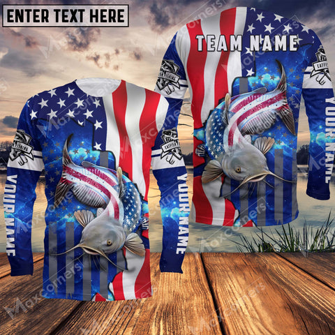 Maxcorners Catfish Fishing American Flag Patriotic UV Protection Personalized Name And Team Name Long Sweat Shirt