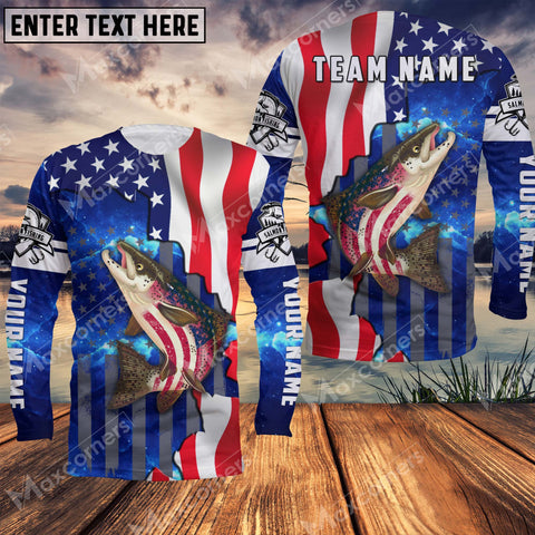Maxcorners Salmon Fishing American Flag Patriotic UV Protection Personalized Name And Team Name Long Sweat Shirt