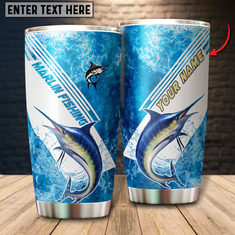 Maxcorners Marlin Fishing Color Blue Line Art Pattern Tumbler Customize Name