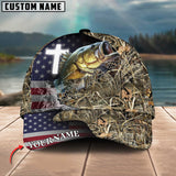 Maxcorners Personalized Large Mouth Bass Fishing Grass Camo And US Flag Pattern Premium Classic 3D Cap