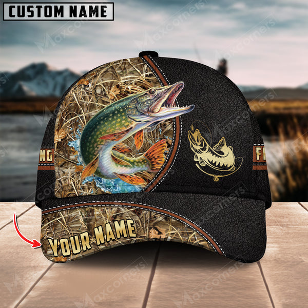 Maxcorners Personalized Pike Fishing Grass Camo Pattern Premium Classic 3D Cap