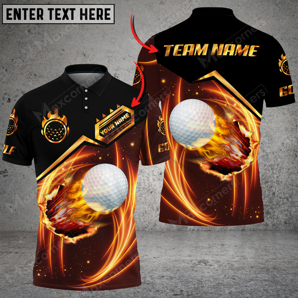 Max Corner Premium Golden Fire Golf Ball Jersey Customized 3D Polo Shirt
