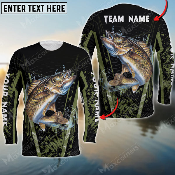 Maxcorners Walleyes Fishing Water Moss Green Pattern Sun Protection Personalized Name, Team Name Long Sleeve Shirt