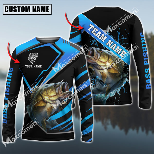 Maxcorners Bass Fishing Blue Water Pro Sport Jersey Sun Protection Personalized Name, Team Name Long Sleeve Shirt