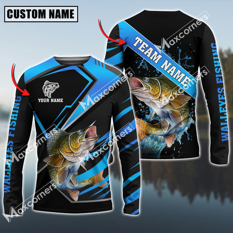 Maxcorners Walleyes Fishing Blue Water Pro Sport Jersey Sun Protection Personalized Name, Team Name Long Sleeve Shirt