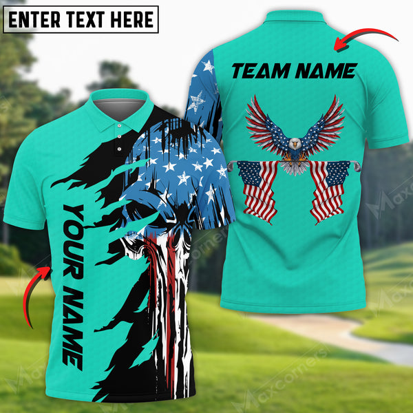 Maxcorners Skull US Flag Pattern Golf Customized 3D Polo Shirt