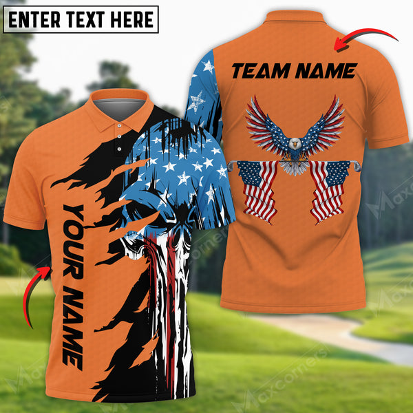 Maxcorners Skull US Flag Pattern Golf Customized 3D Polo Shirt