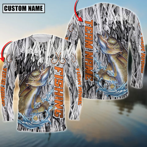 Maxcorners Walleyes Fishing Grass Camo Pattern Premium Personalized Name And Team Name Long Sweat Shirt