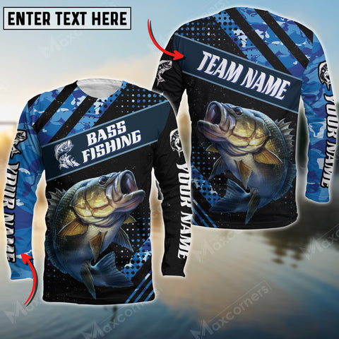 Maxcorners Bass Fishing Blue Camo Pattern Personalized Name And Team Name Long Sweat Shirt