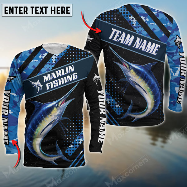 Maxcorners Marlin Fishing Blue Camo Pattern Personalized Name And Team Name Long Sweat Shirt