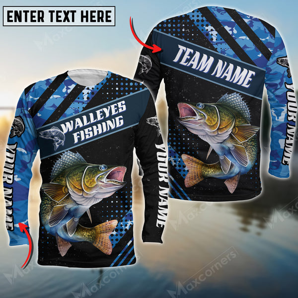 Maxcorners Walleyes Fishing Blue Camo Pattern Personalized Name And Team Name Long Sweat Shirt