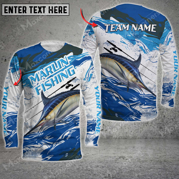 Maxcorners Marlin Fishing Blue Pattern Sport Jersey Personalized Name And Team Name Long Sweat Shirt