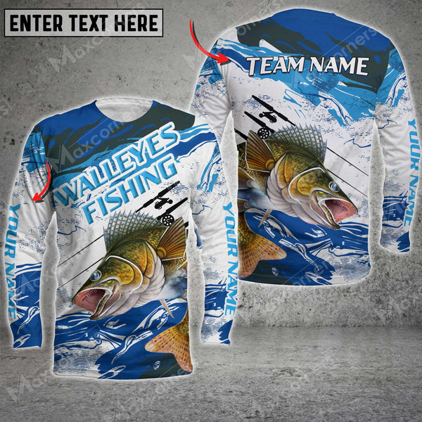 Maxcorners Walleyes Fishing Blue Pattern Sport Jersey Personalized Name And Team Name Long Sweat Shirt