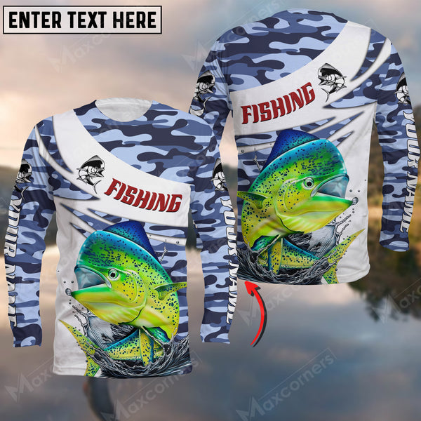 Maxcorners Mahi-Mahi Fishing Blue Camo Pattern, Mahi-Mahi Fishing Jerseys Personalized Name And Team Name Long Sweat Shirt