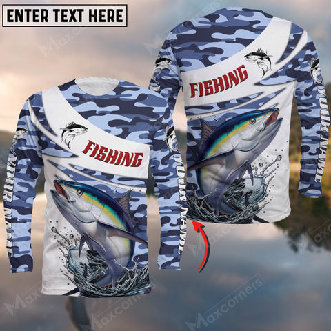 Maxcorners Tuna Fishing Blue Camo Pattern, Tuna Fishing Jerseys Personalized Name And Team Name Long Sweat Shirt