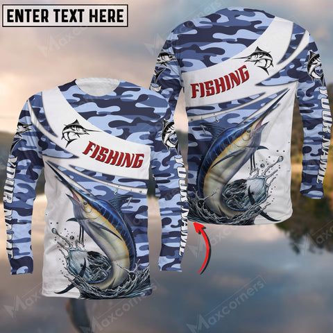 Maxcorners Marlin Fishing Blue Camo Pattern, Marlin Fishing Jerseys Personalized Name And Team Name Long Sweat Shirt