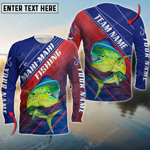 Maxcorners Mahi-Mahi Fishing Red And Blue Pattern Personalized Name And Team Name Long Sweat Shirt