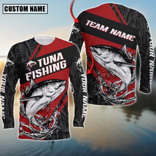 Maxcorners Tuna Fishing Black And Red Grass Camo Pattern Personalized Name And Team Name Long Sweat Shirt