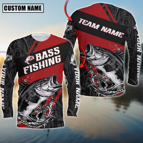 Maxcorners Bass Fishing Black And Red Grass Camo Pattern Personalized Name And Team Name Long Sweat Shirt