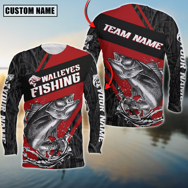 Maxcorners Walleyes Fishing Black And Red Grass Camo Pattern Personalized Name And Team Name Long Sweat Shirt