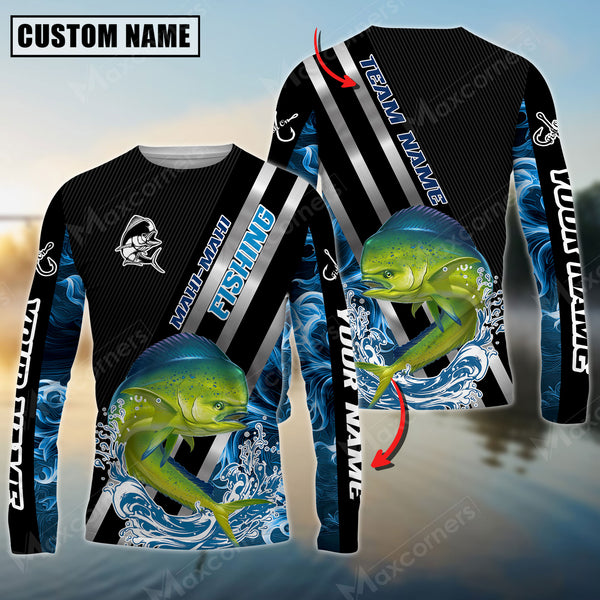 Maxcorner Mahi-Mahi Fishing Smoke Blue Line Pattern Personalized 3D Long Sleeve Shirt