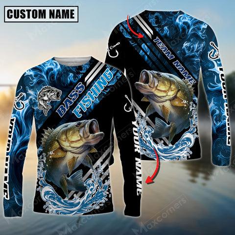 Maxcorners Bass Fishing Blue Smoke Water Pattern Pro Sport Jersey Sun Protection Personalized Name And Team Name Long Sleeve Shirt