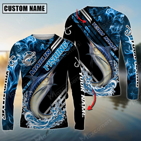 Maxcorners Marlin Fishing Blue Smoke Water Pattern Pro Sport Jersey Sun Protection Personalized Name And Team Name Long Sleeve Shirt