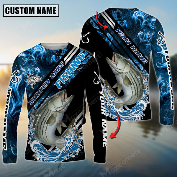 Maxcorners Striped Bass Fishing Blue Smoke Water Pattern Pro Sport Jersey Sun Protection Personalized Name And Team Name Long Sleeve Shirt