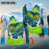 Maxcorners Mahi-Mahi Fishing Blue Fisherman Grass Camo Personalized Name, Team Name Long Sleeve Shirt