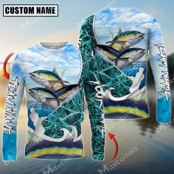 Maxcorners Tuna Fishing Blue Fisherman Grass Camo Personalized Name, Team Name Long Sleeve Shirt